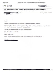 Redacted phishing email from a compromised account containing a fake party invitation