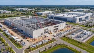 Aerial view of a large data center under construction, showing the physical infrastructure behind cloud computing