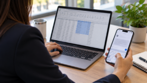 mployee transferring business spreadsheet information from a work laptop into an AI chat application on a personal smartphone.