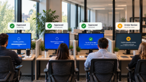 Four office workstations showing software updates being installed, scheduled, completed, or held for review