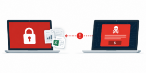 Illustration of a ransomware attack encrypting business files and demanding payment to restore access.